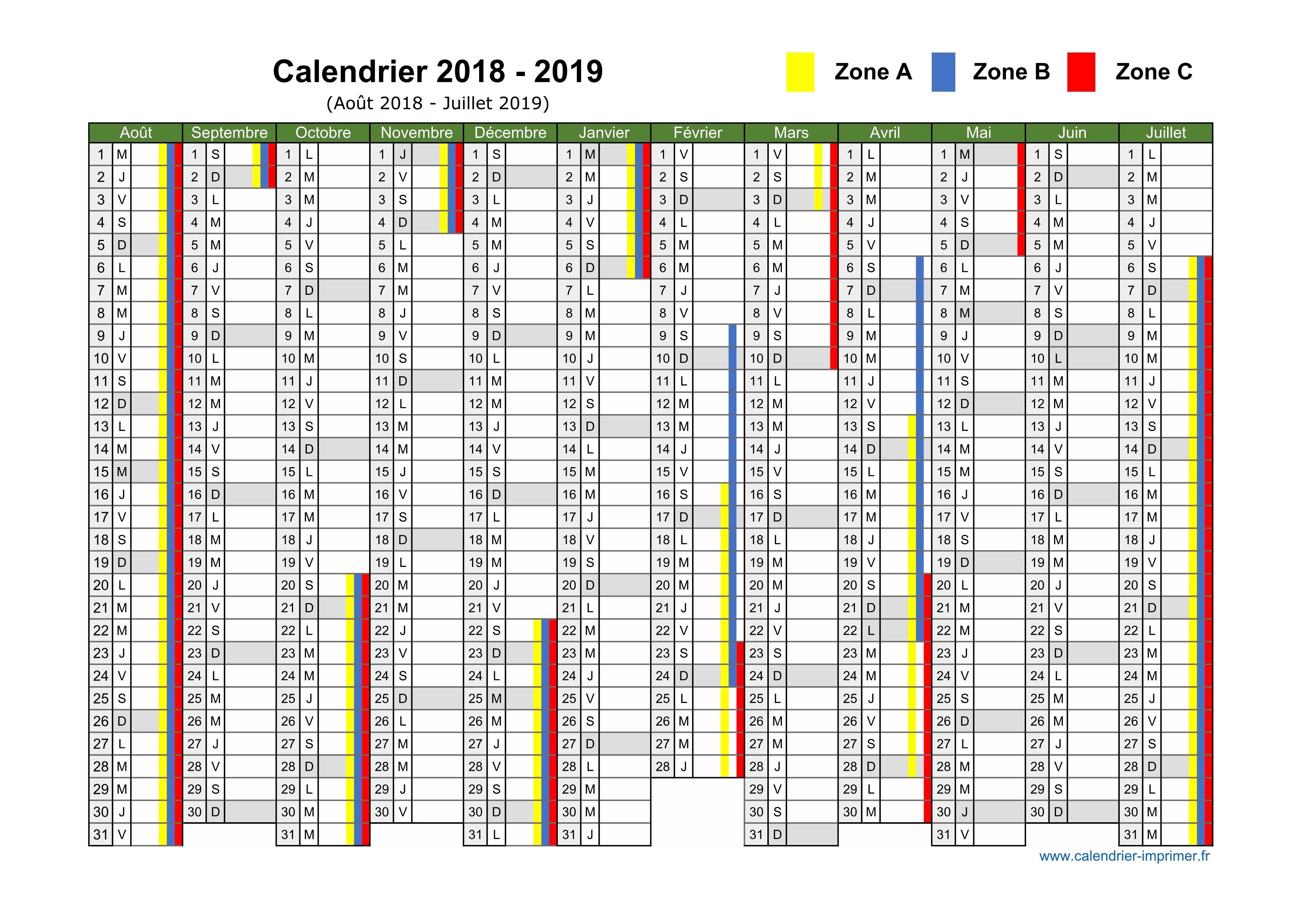 Calendrier 2018 2019 à imprimer