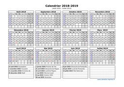 Calendrier Août 2018 à Juillet 2019 Vacances Horizontal
