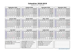 Calendrier Septembre 2018 à Août 2019 Vacances Horizontal
