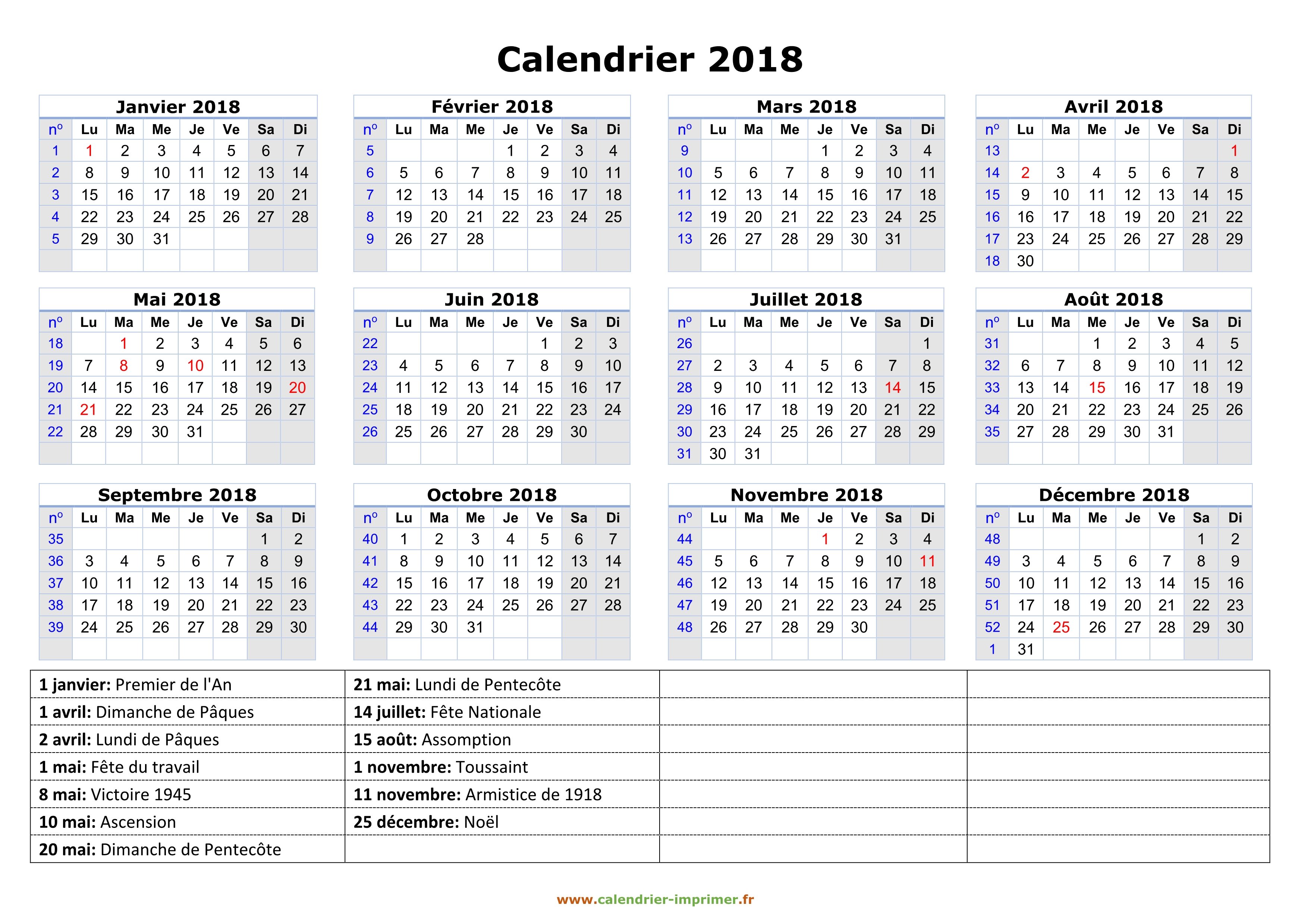 Calendrier 2018 à Imprimer Gratuit