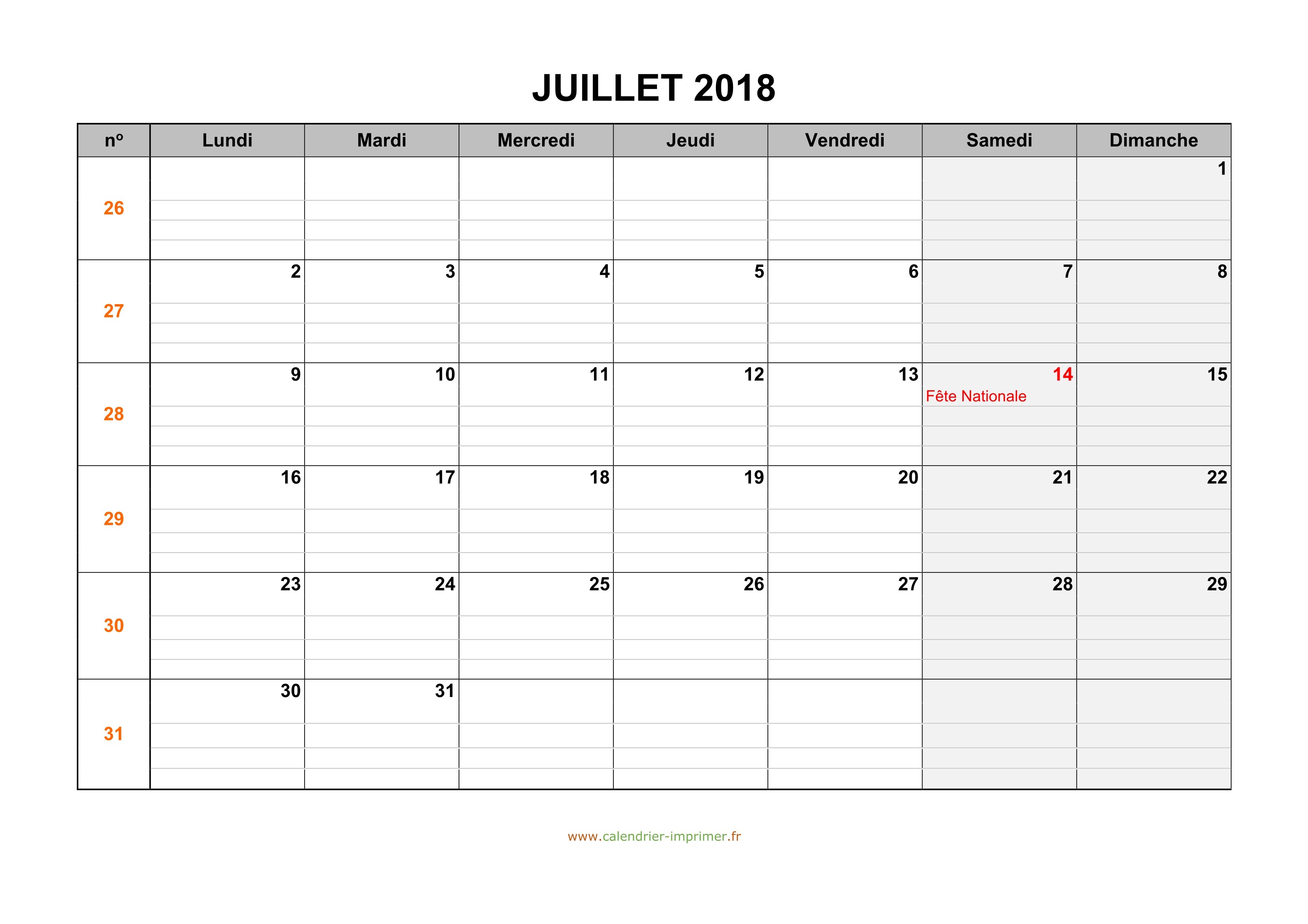 Calendrier Juillet 2018 Imprimer