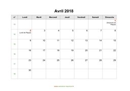 calendrier avril 2018