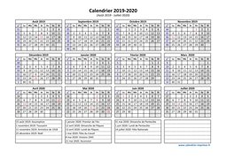 Calendrier Août 2019 à Juillet 2020 Vacances Horizontal