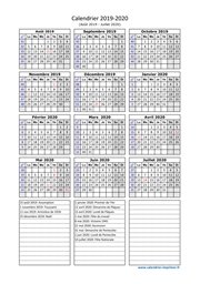 Calendrier Août 2019 à Juillet 2020 Vacances Vertical