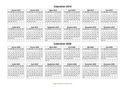 Calendrier Janvier 2019 à Décembre 2020 Horizontal Modèle 01