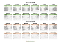 Calendrier Janvier 2019 à Décembre 2020 Horizontal Modèle 02