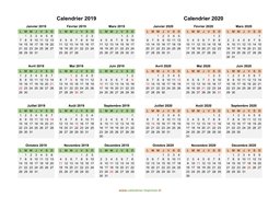 Calendrier Janvier 2019 à Décembre 2020 Horizontal Modèle 04