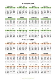 Calendrier Janvier 2019 à Décembre 2020 Vertical Modèle 02