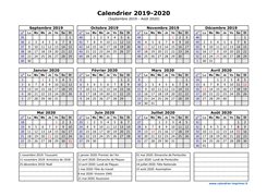 Calendrier Septembre 2019 à Août 2020 Vacances Horizontal