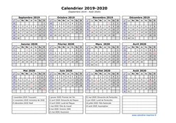 Calendrier Septembre 2019 à Août 2020 Vacances Horizontal