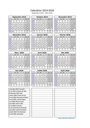 Calendrier Septembre 2019 à Août 2020 Vacances Vertical