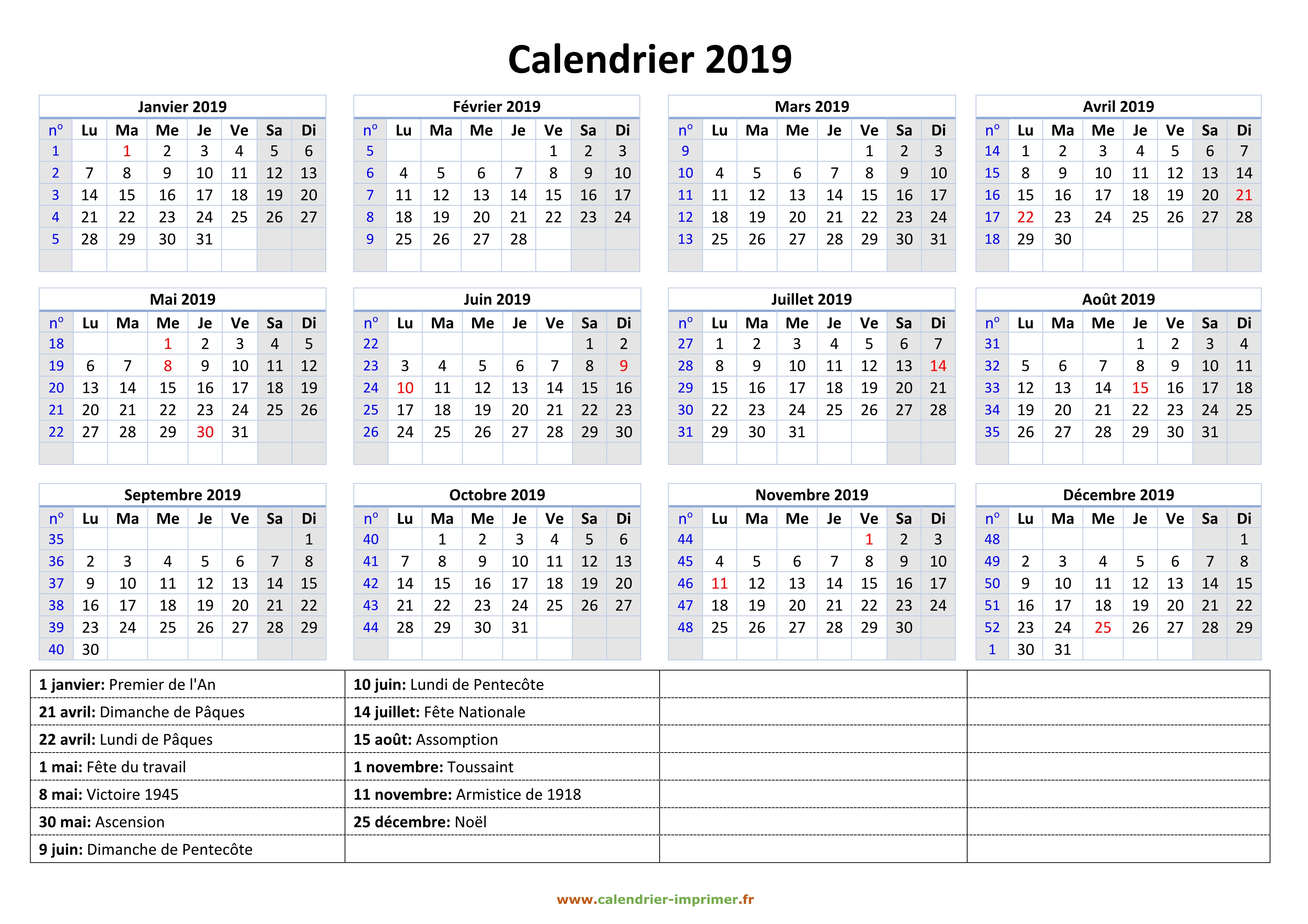 calendrier 2019 à imprimer