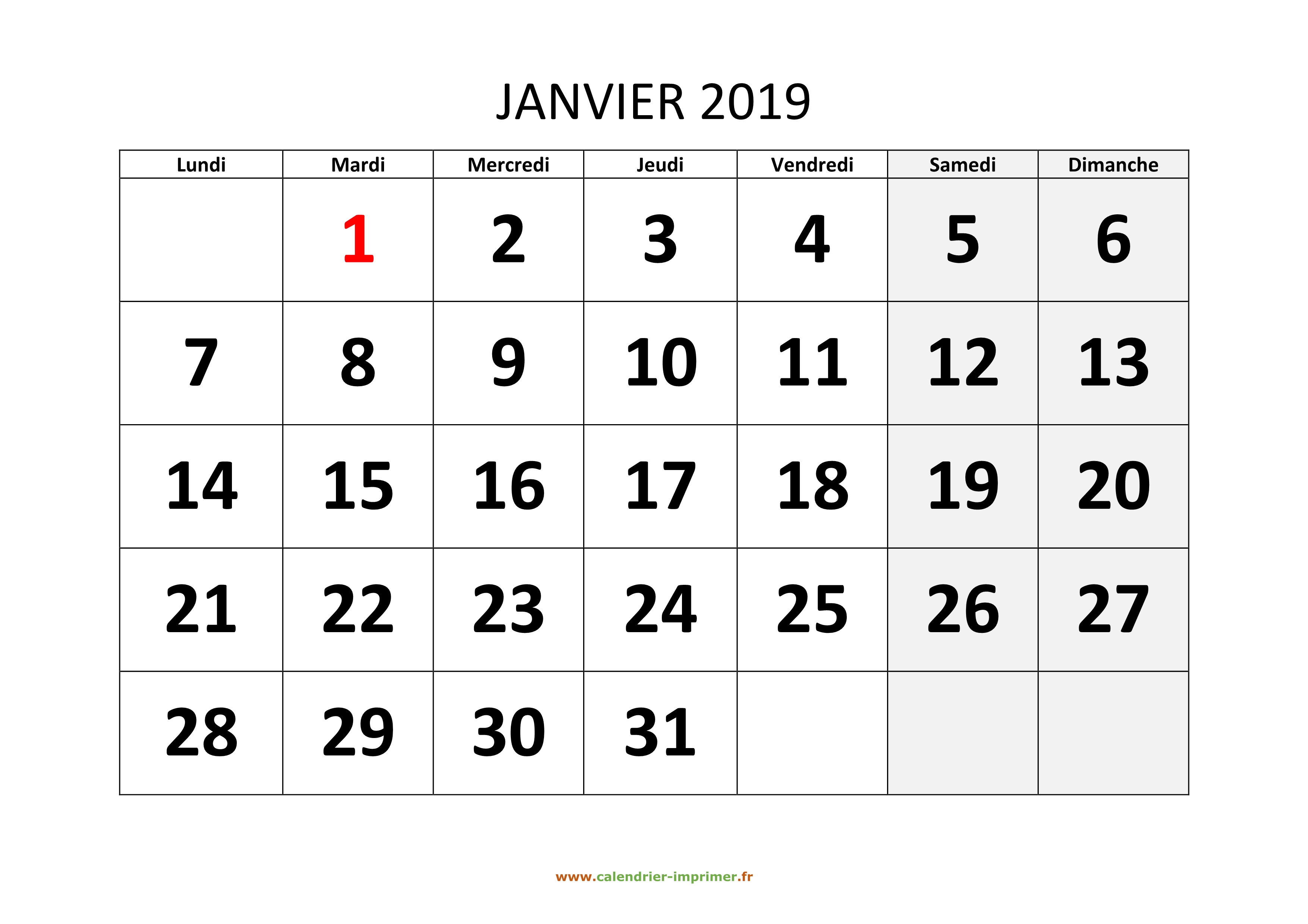 Calendrier Janvier 2019 à imprimer
