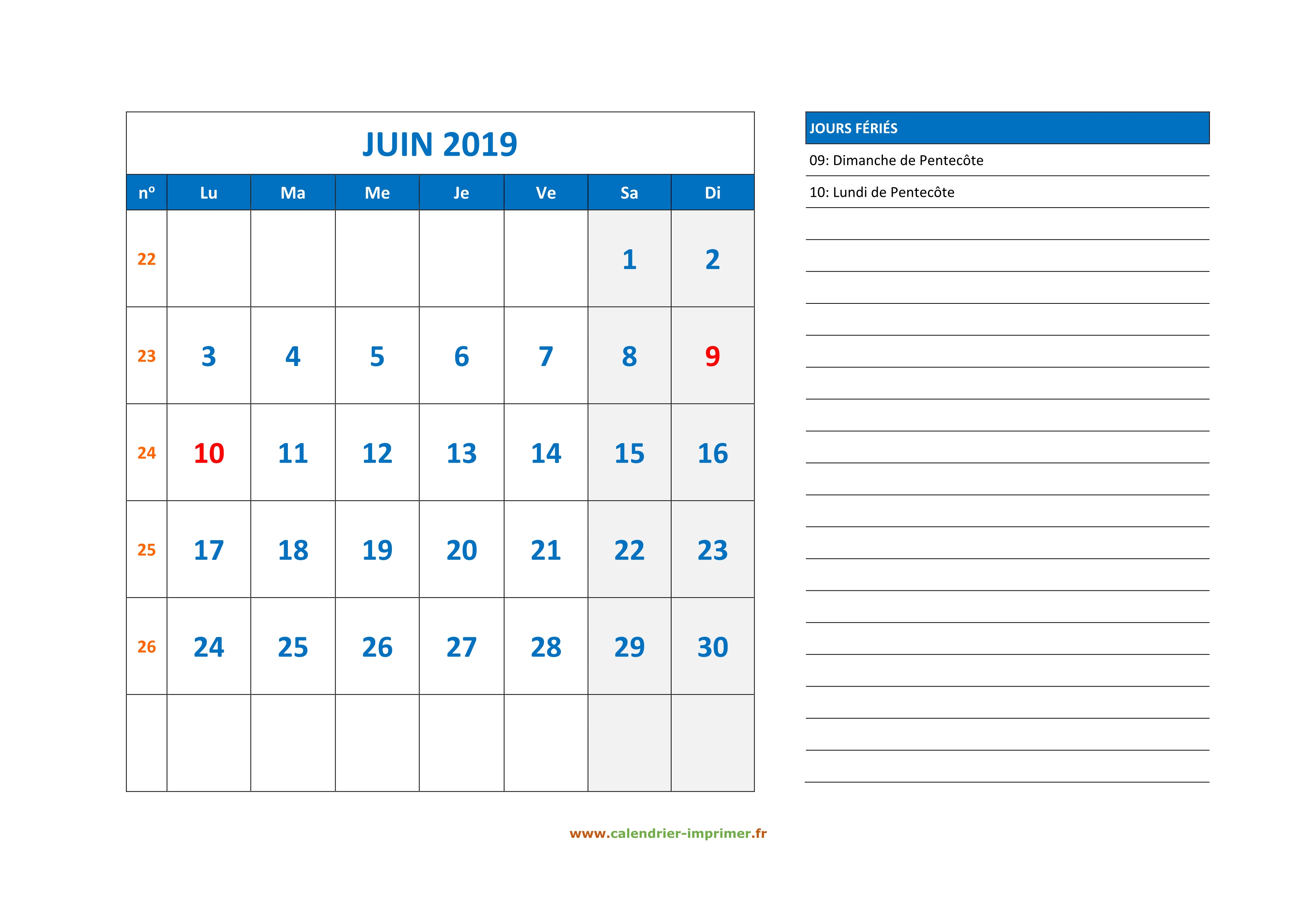 Calendrier Juin 2019 à Imprimer Gratuit Calendrier Juin 2019 à imprimer