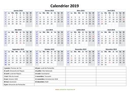 calendrier annuel 2019 vacances horizontal