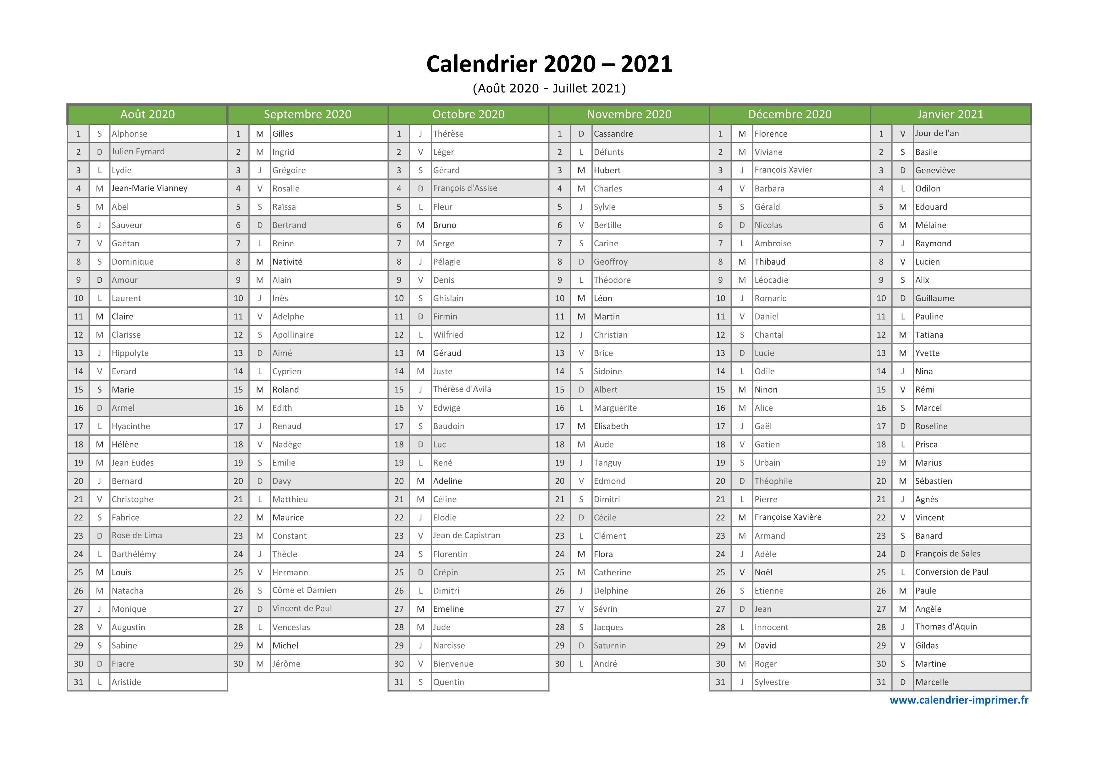 Calendrier Juillet à Décembre 2021 Calendrier 2020 2021 à imprimer