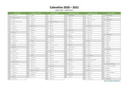 Calendrier Août 2020 à Juillet 2021 Semestre Fêtes