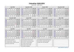 Calendrier Août 2020 à Juillet 2021 Vacances Horizontal