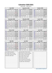 Calendrier Août 2020 à Juillet 2021 Vacances Vertical