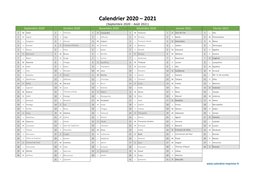 Calendrier Septembre 2020 à Août 2021 Semestre Fêtes