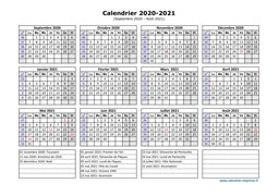 Calendrier Septembre 2020 à Août 2021 Vacances Horizontal