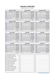 Calendrier Septembre 2020 à Août 2021 Vacances Vertical