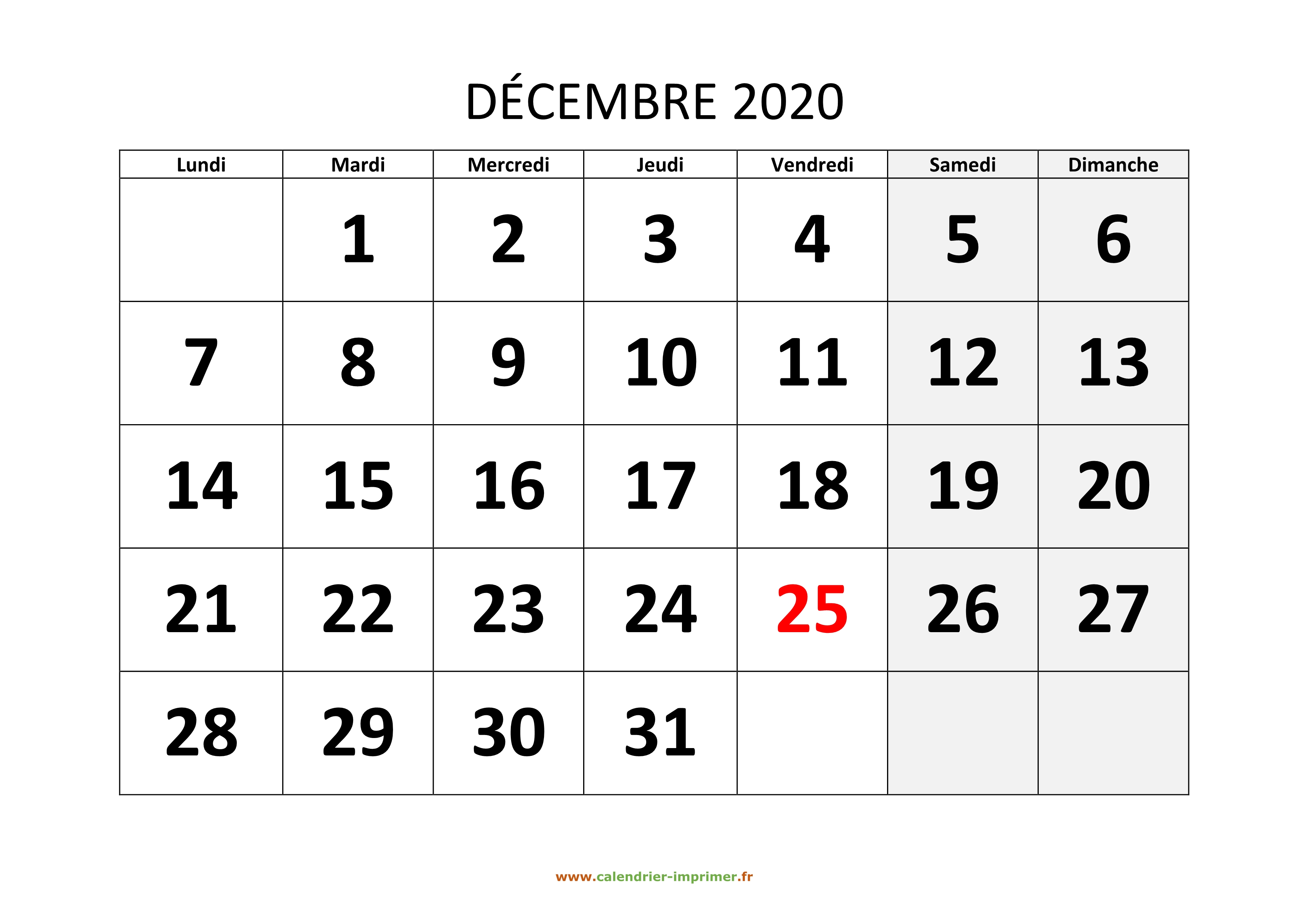 Calendrier Décembre 2020 à imprimer