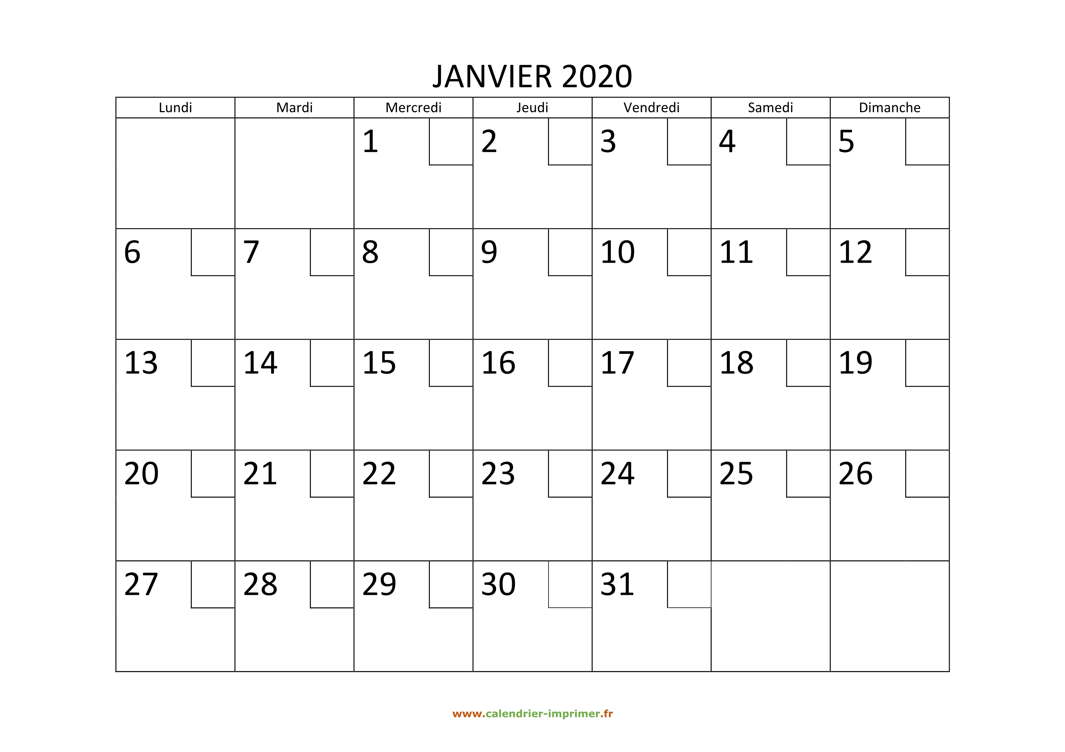 Calendrier Janvier 2020 à imprimer