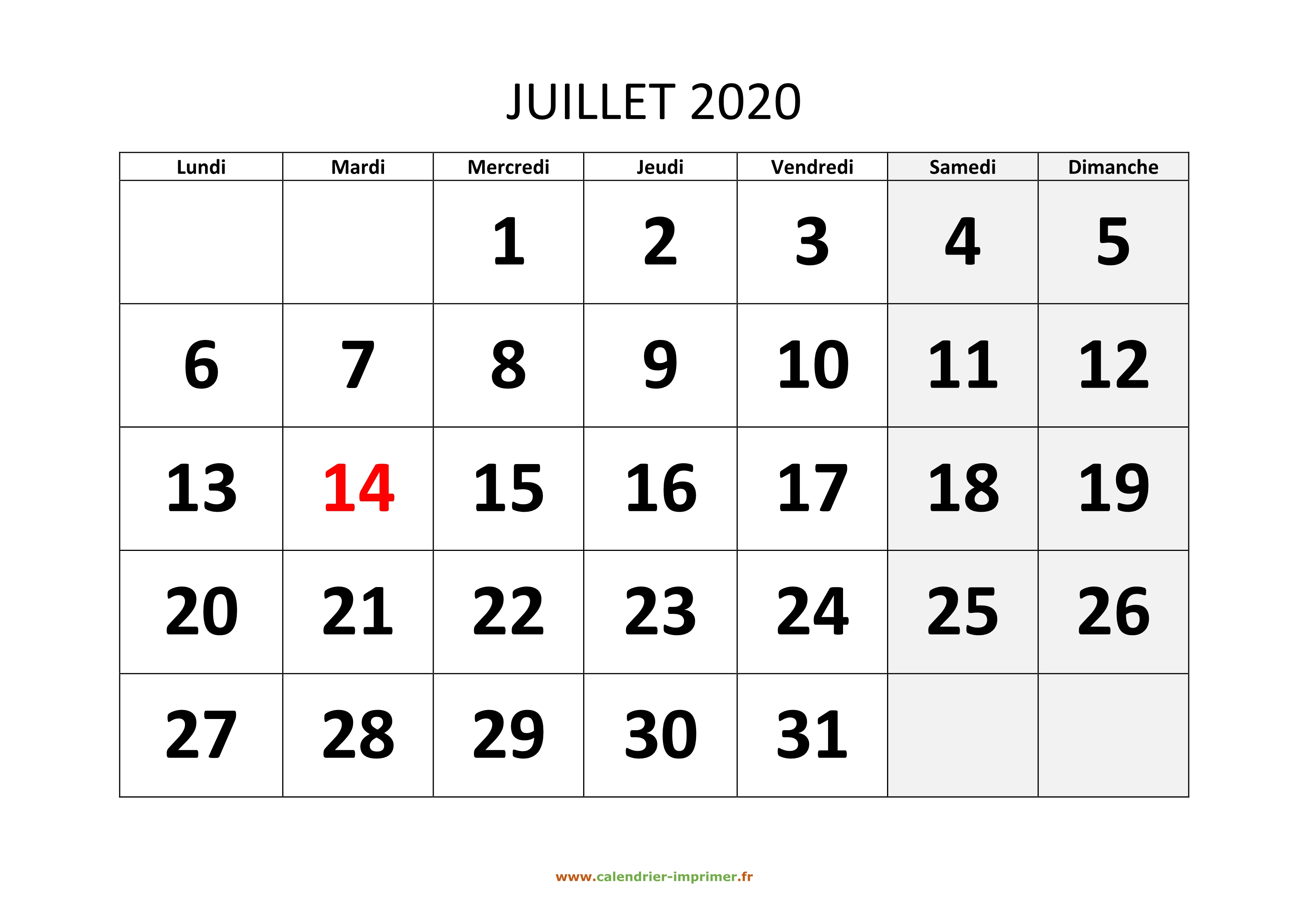 calendrier juillet 2020 à imprimer - planning juillet 2020 à imprimer