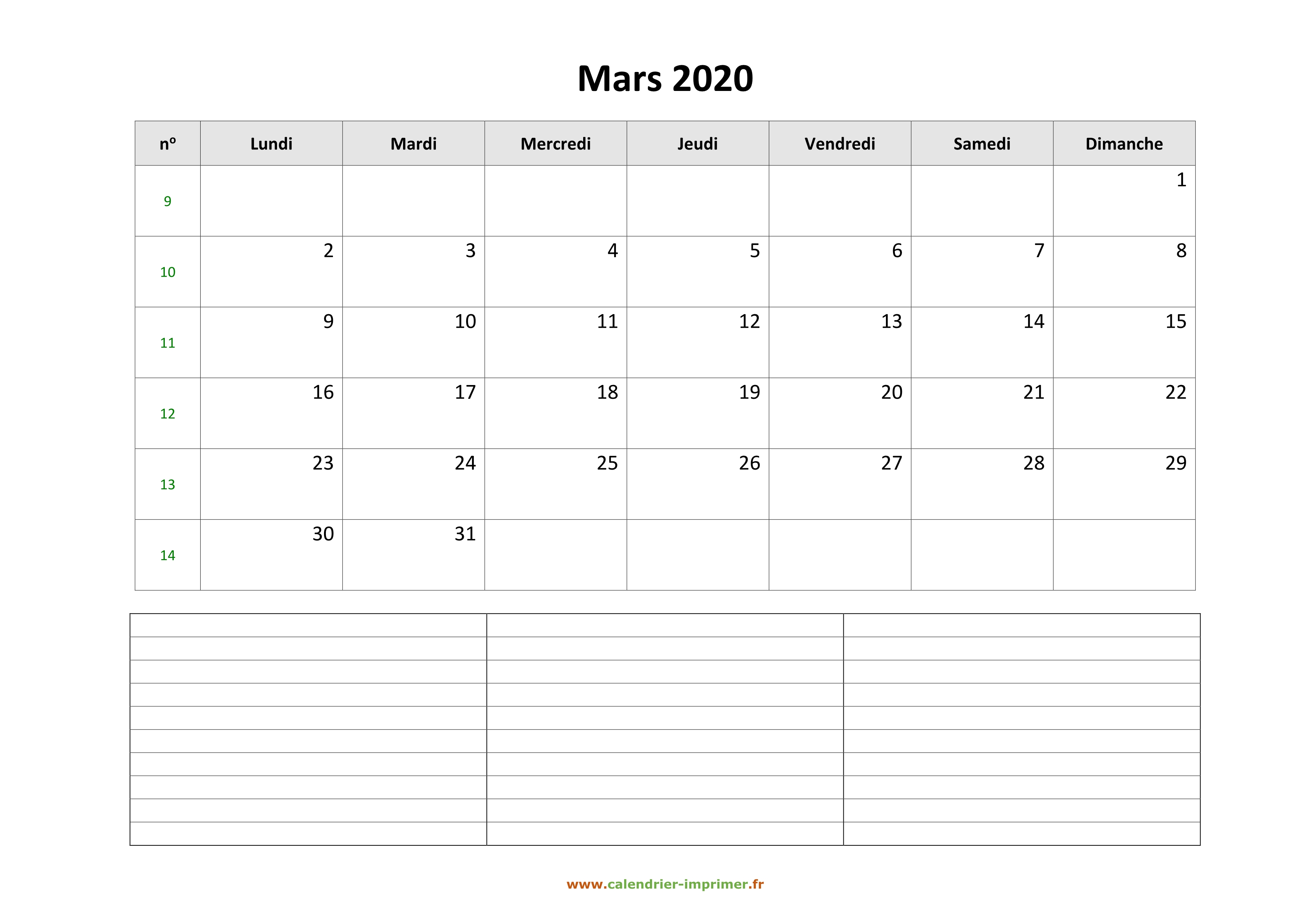 Calendrier Mars 2020 à imprimer