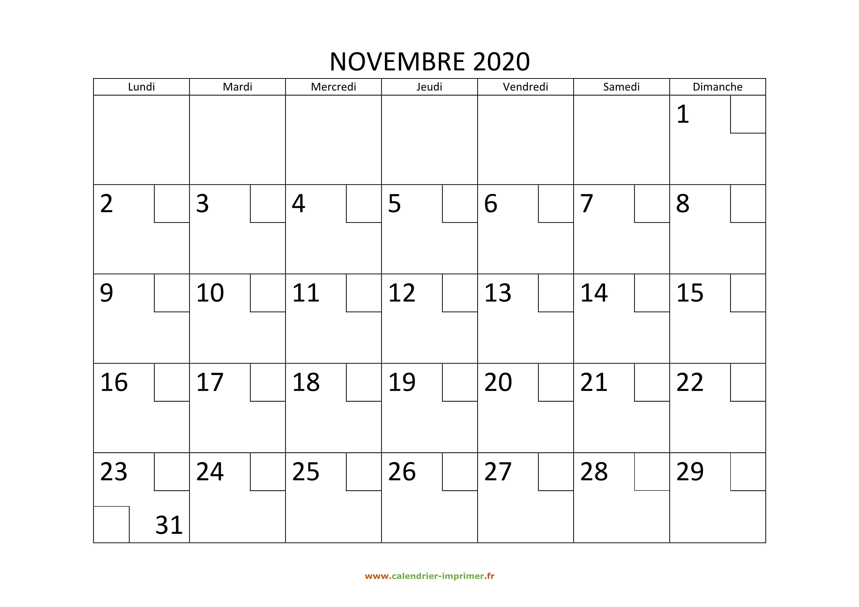 Calendrier Novembre 2020 à Imprimer Gratuit Calendrier Novembre 2020 à imprimer
