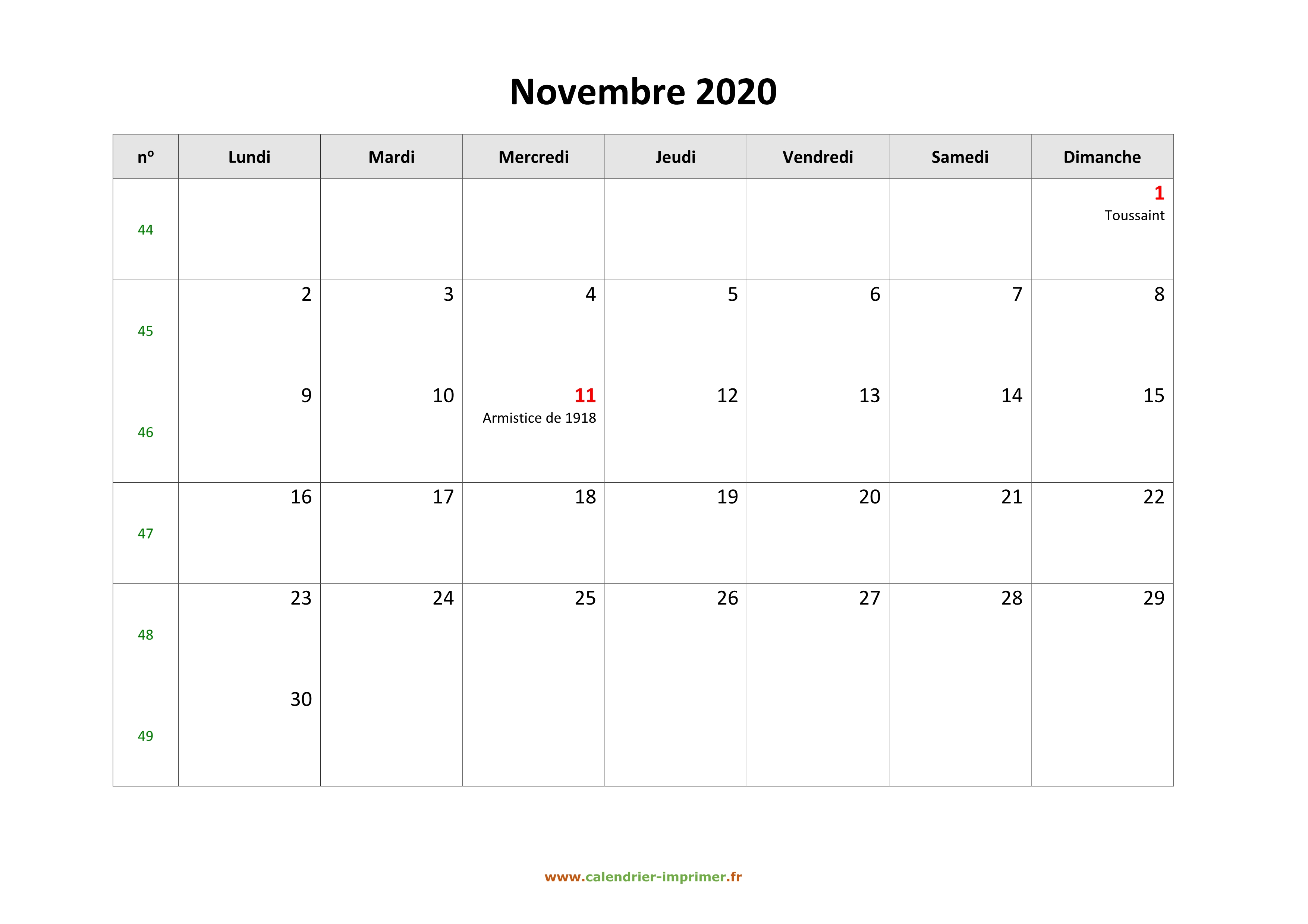 Calendrier Novembre 2020 à Imprimer Gratuit Calendrier Novembre 2020 à imprimer