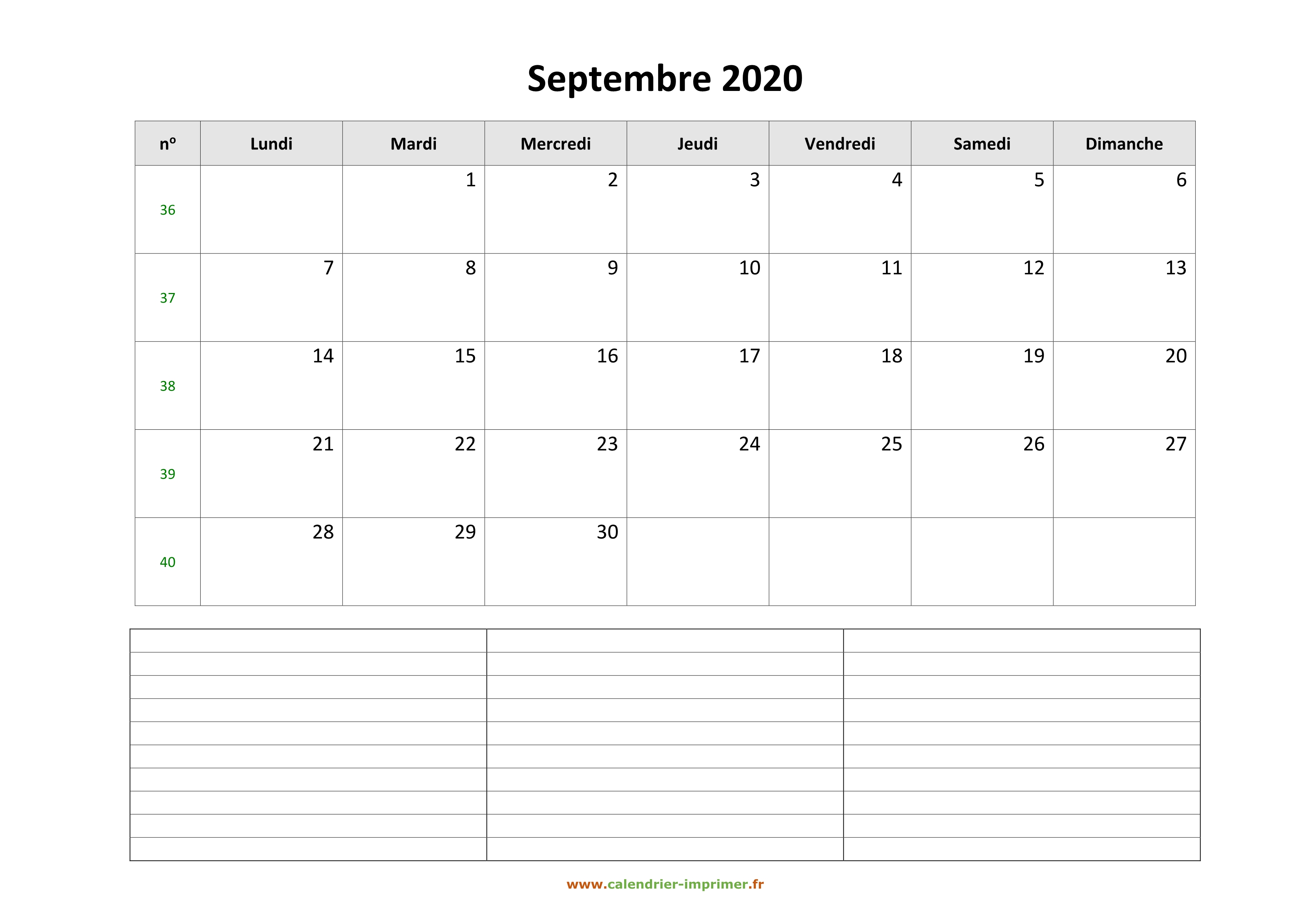 Calendrier septembre 2020 imprimer