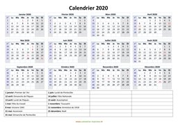 calendrier annuel 2020 vacances horizontal