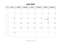 calendrier août 2020
