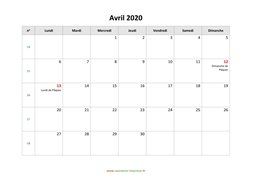 calendrier avril 2020