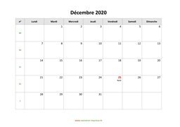 calendrier décembre 2020