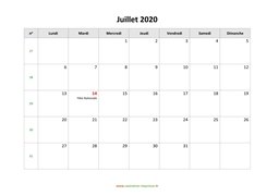 calendrier juillet 2020
