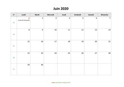 calendrier juin 2020