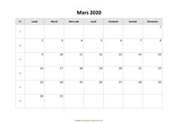 calendrier mars 2020