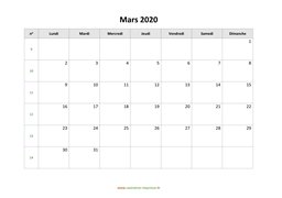calendrier mars 2020