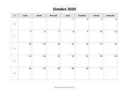calendrier octobre 2020