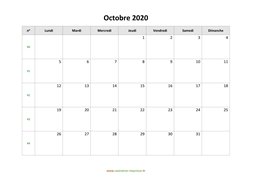 calendrier octobre 2020