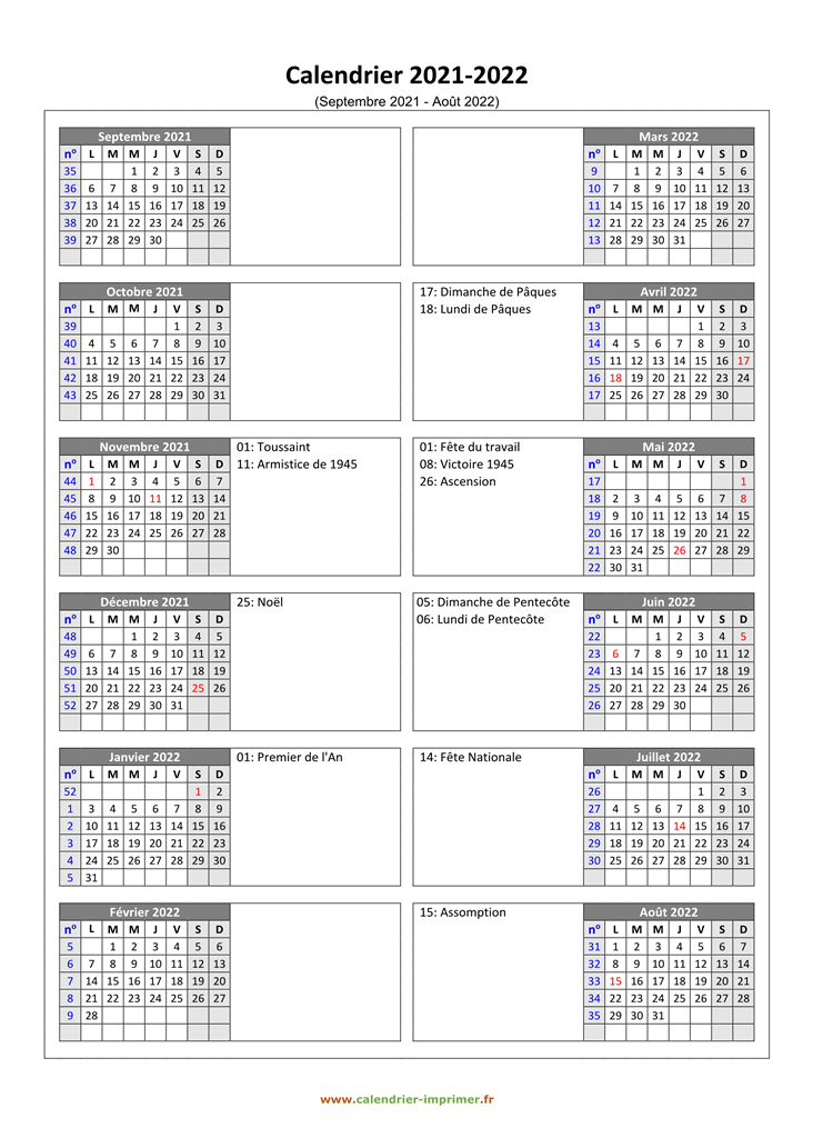 Calendrier 2021 2022 A Imprimer