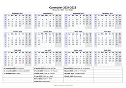 Calendrier Septembre 2021 à Août 2022 Vacances Horizontal