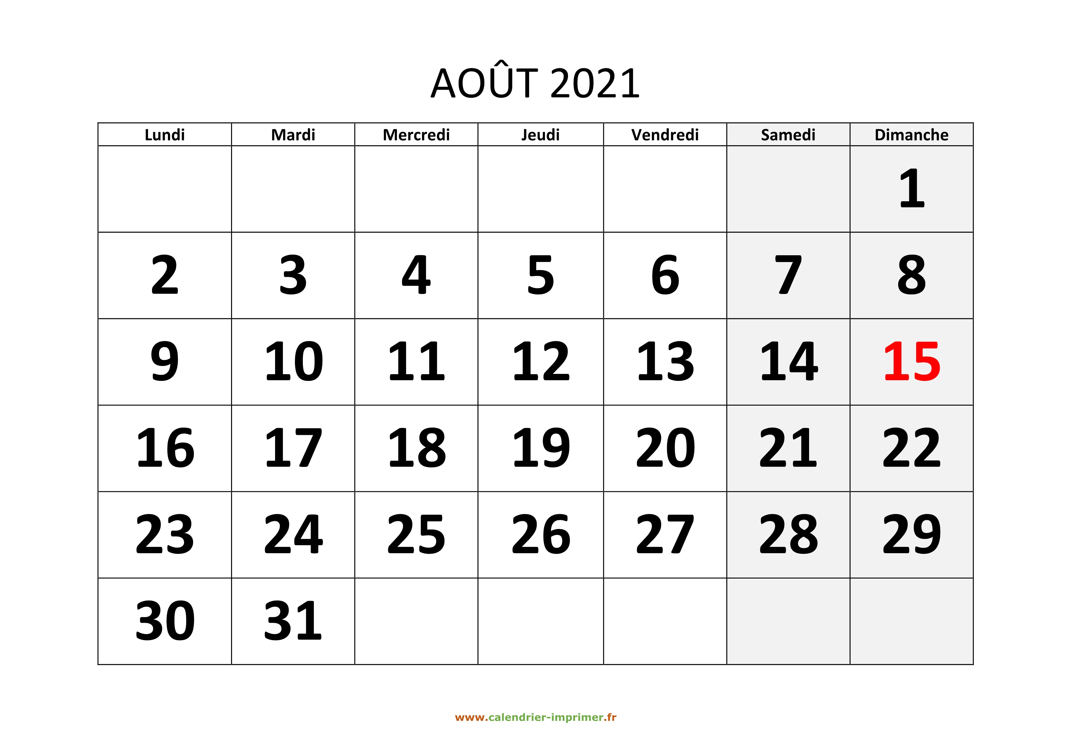 Calendrier Juillet Aout 2021 à Imprimer Calendrier Août 2021 à imprimer
