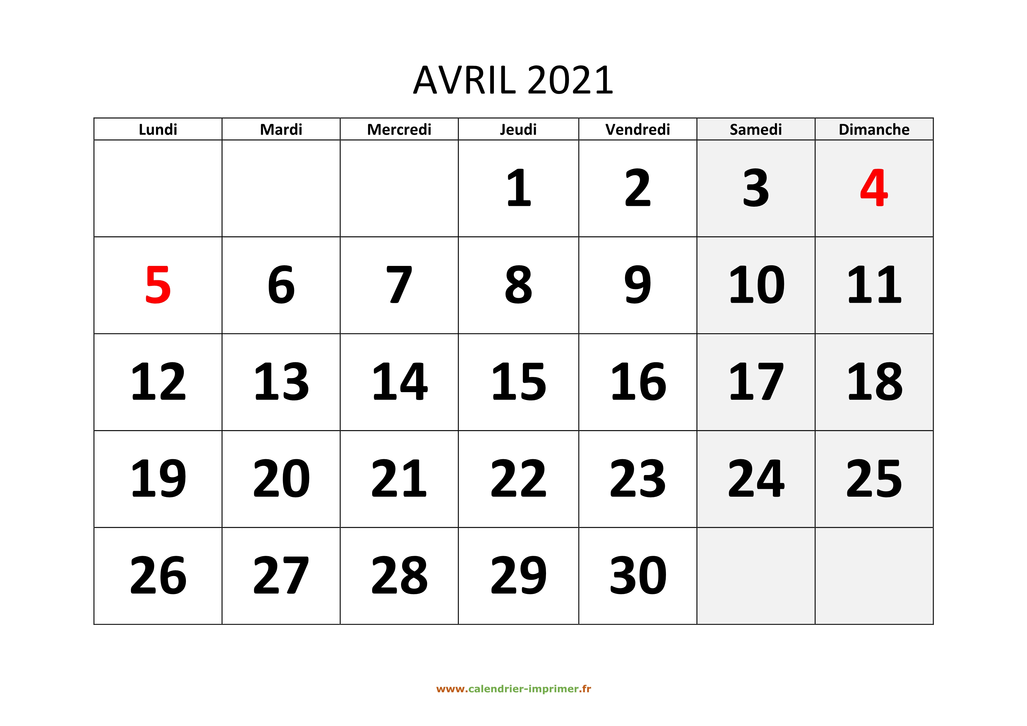 Calendrier Avril 2021 à Imprimer