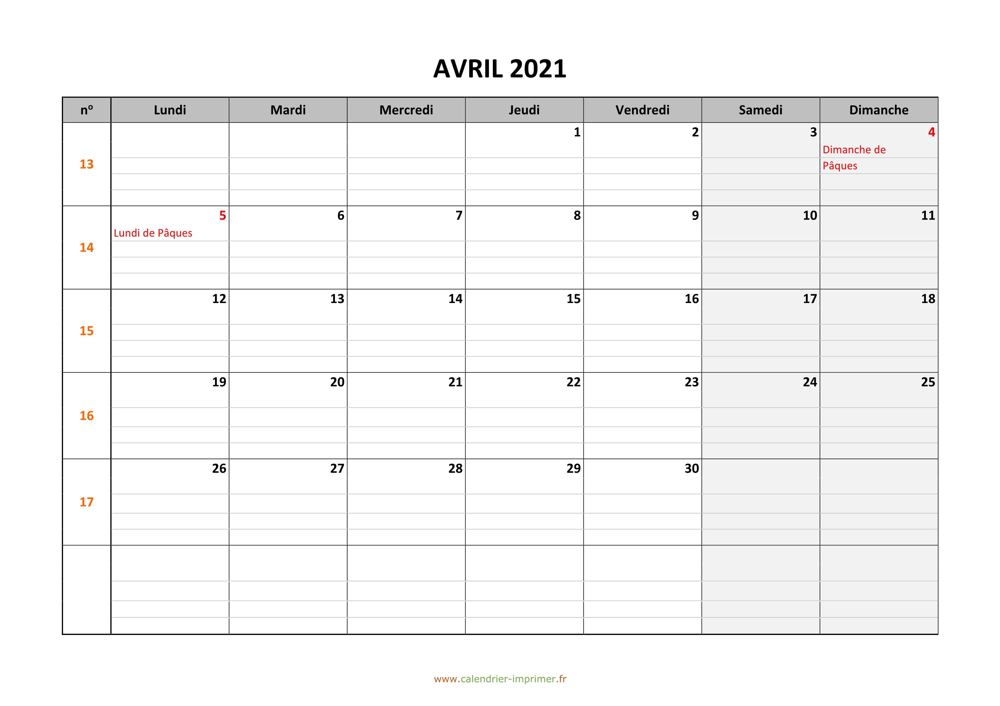 Calendrier Avril 2021 A Imprimer