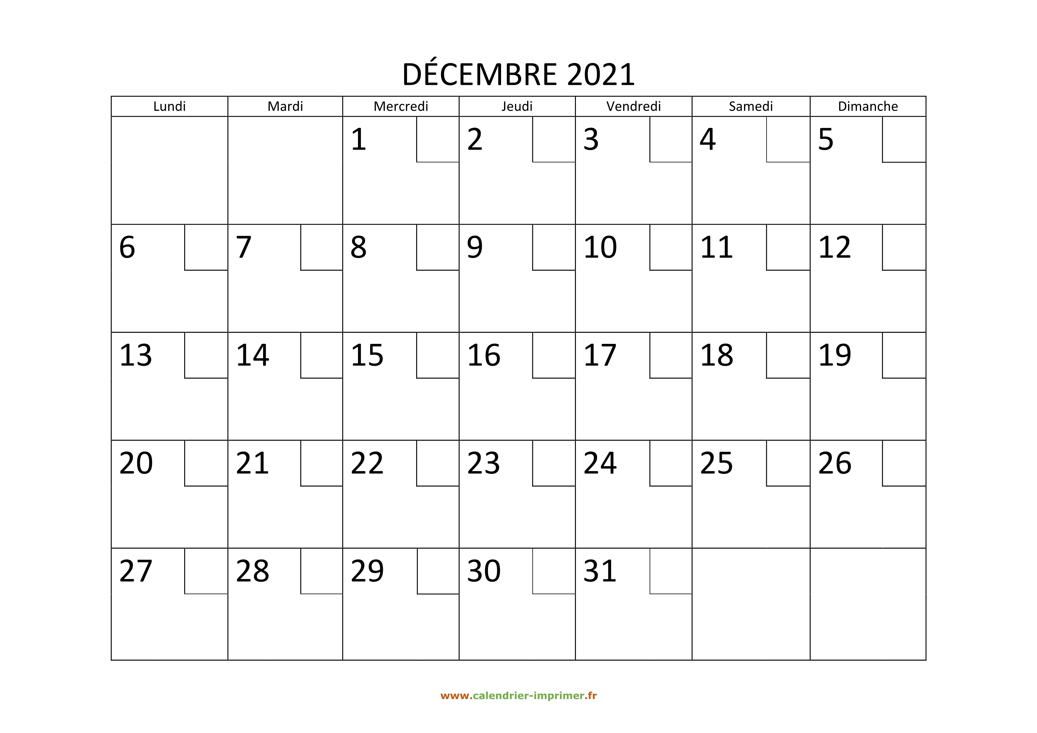 Calendrier Décembre 2021 à imprimer