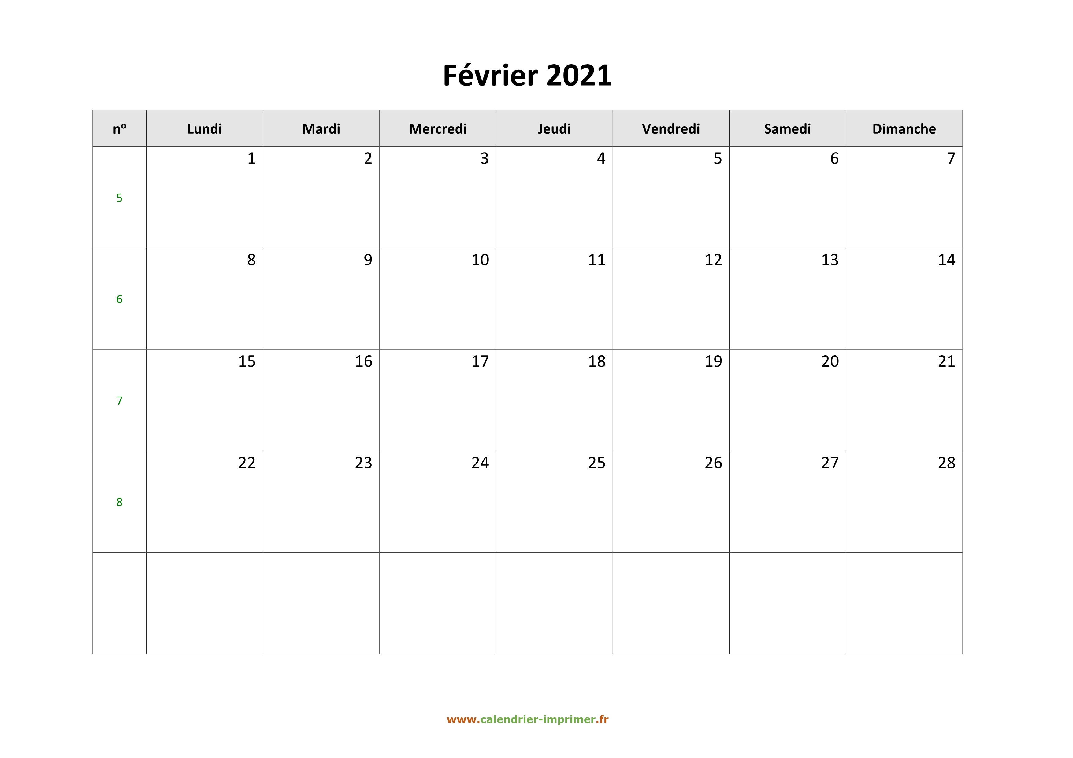 Calendrier Février 2021 à Imprimer